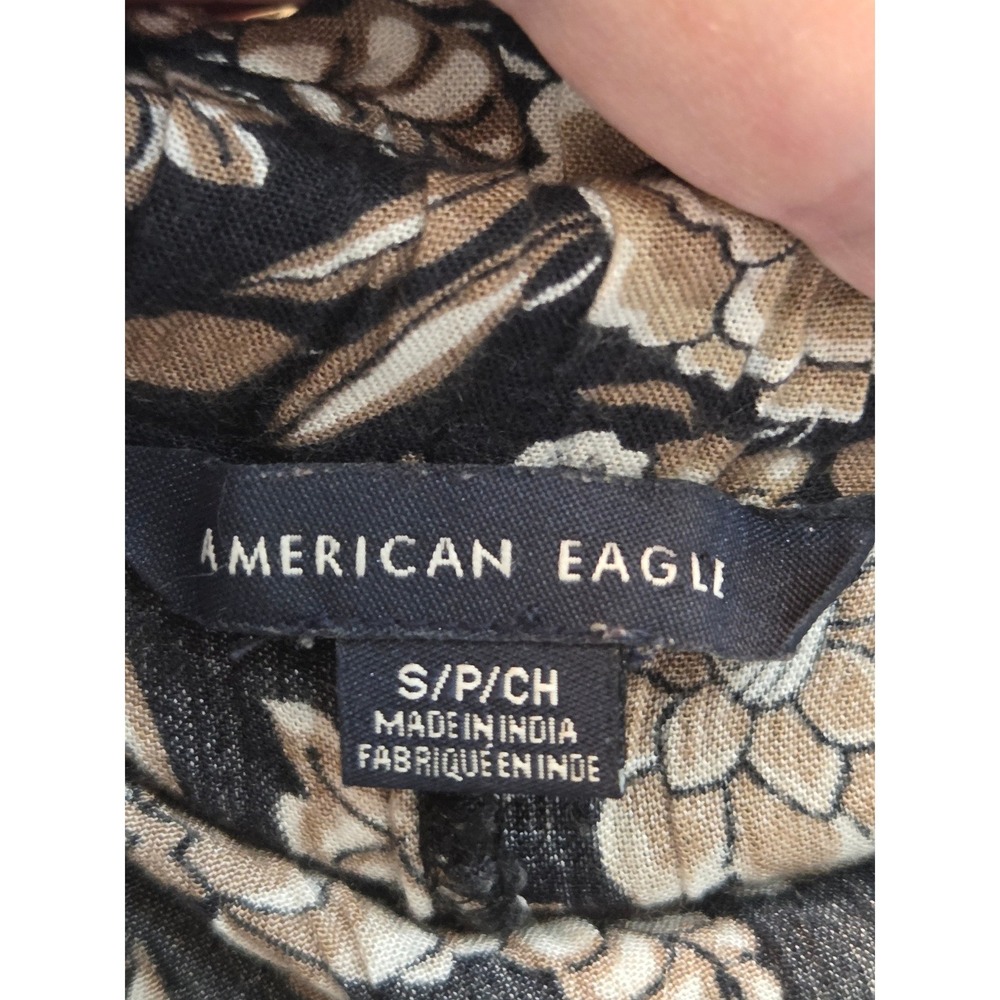 American Eagle Floral Wide Leg Pants Small Black Tan Smocked Boho Festival - Picture 2 of 10